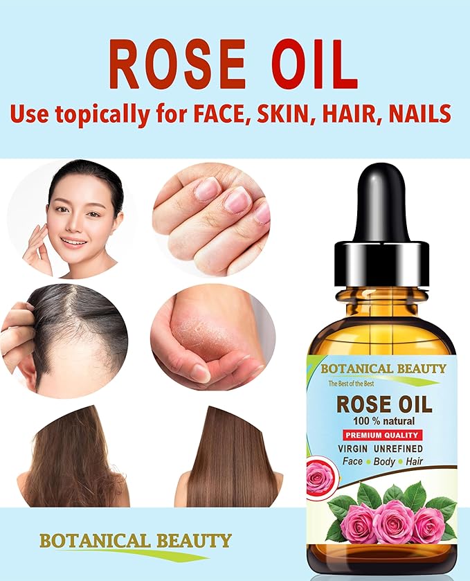 Botanical Beauty Rose Oil Rosa Damascena 100% Natural Rose Essential Oil for FACE, Skin, Body, Hair, Nails Beauty, Skin Moisturizer, Nourishing, Perfume, Soap Making (2 Fl Oz 60 ml)