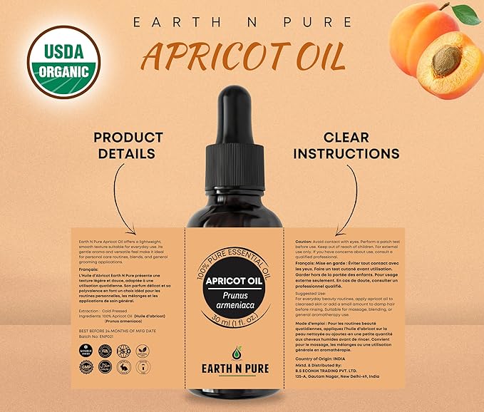Earth N Pure Apricot Oil (Khumani Oil) Cold Pressed, Natural and Therapeutic Grade 30 ml
