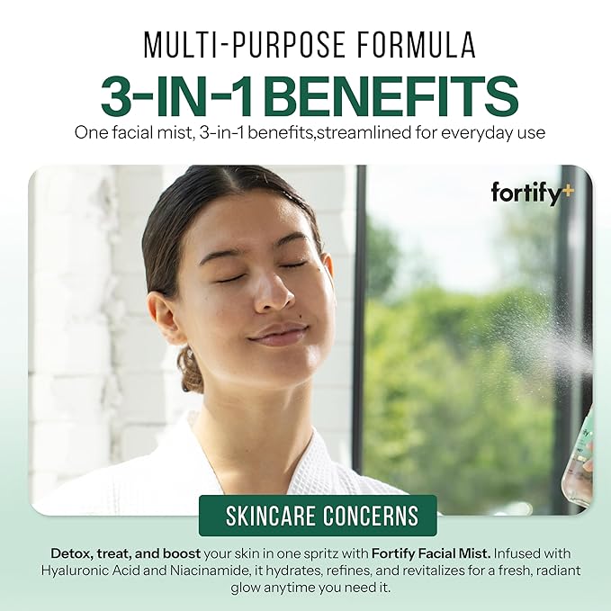 Fortify Skincare Collagen, Hyaluronic Acid & Niacinamide Face Mist – 3-in-1: Detox, Treat, Boost – Hydrating, Firming, Soothing Facial Spray – Dermatologist Tested – Vegan, Clean Beauty – 4.39 Fl Oz