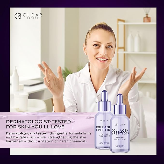Clear Beauty Peptides Serum For Face With Collagen – Firming & Hydrating For Fine Lines & Wrinkles – Dermatologist Tested, Anti-Aging, Korean Skin Care – Vegan, Clean Beauty, Non-GMO – 1.69 Fl Oz