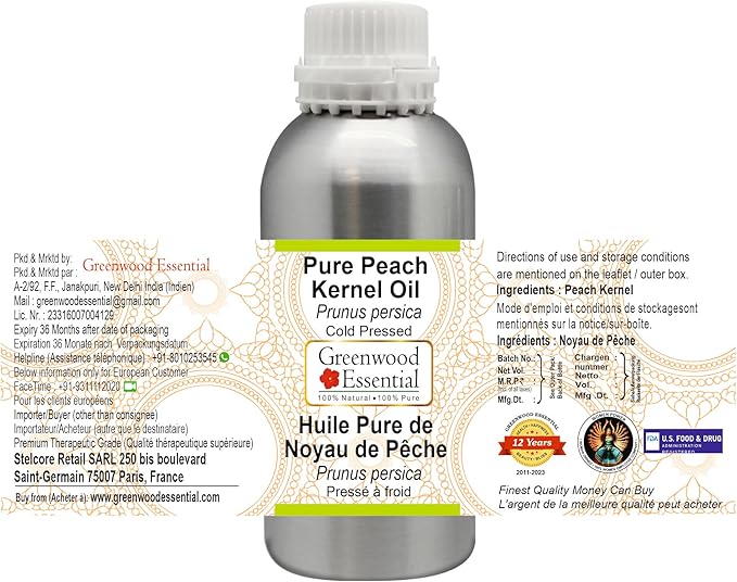 Greenwood Essential Pure Peach Kernel Oil (Prunus persica) Cold Pressed 300ml (10 oz)
