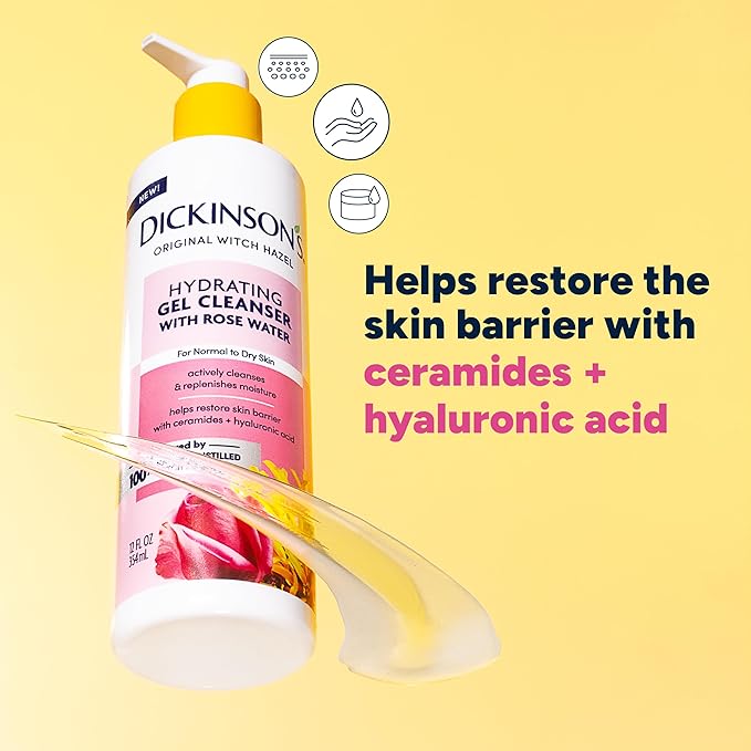 Dickinson's Original Witch Hazel Hydrating Gel Facial Cleanser with Rose Water, 12 Fl Oz, For Normal to Dry Skin, Hydrates and Nourishes Skin, Helps Calm Redness, Alcohol-Free Face Wash