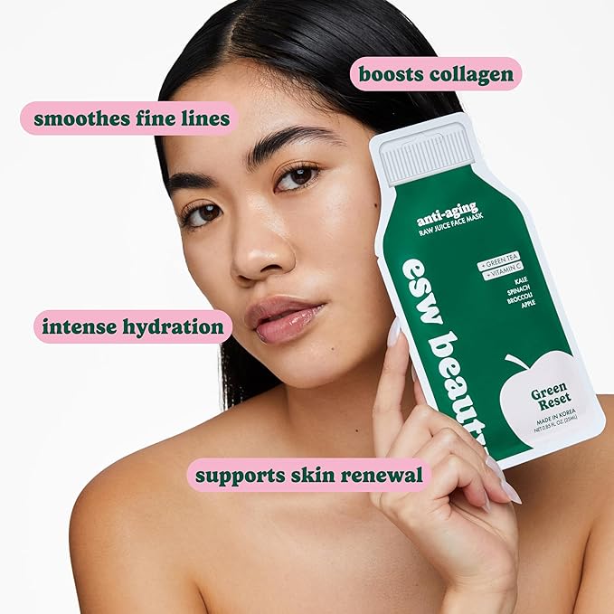 ESW Beauty Green Reset - Anti-Aging Raw Juice Face Mask - Revitalizing with Kale, Spinach, Broccoli & Apple for Mature Skin - Boosts Collagen & Reduces Wrinkles