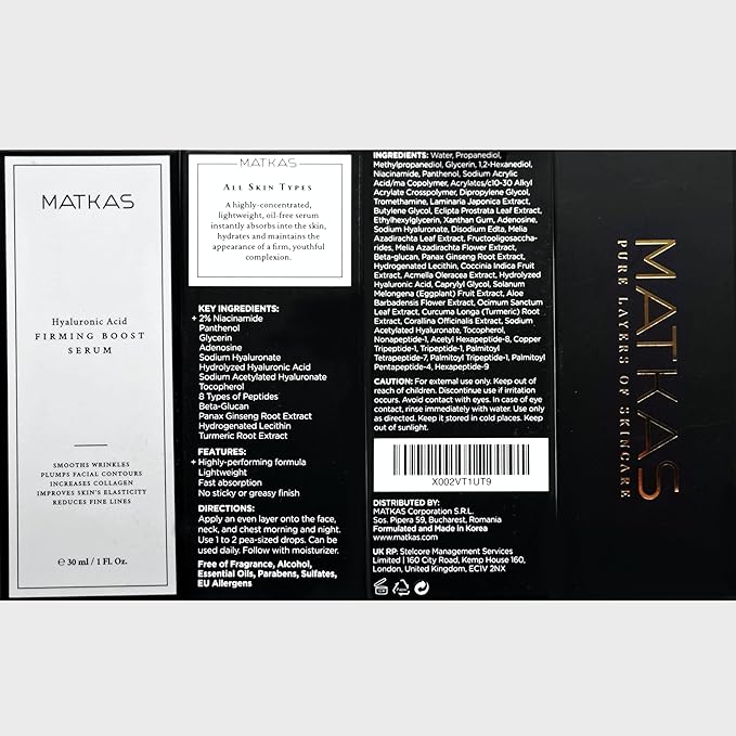 MATKAS Korean Firming Boost Hydrating Hyaluronic Acid Serum 1 Fl. Oz. - Hyaluronic Acid + 2% Niacinamide Serum for Dry Skin, Anti Aging Korean Peptides Moisturizer for Face, Deep Facial Skin Hydration