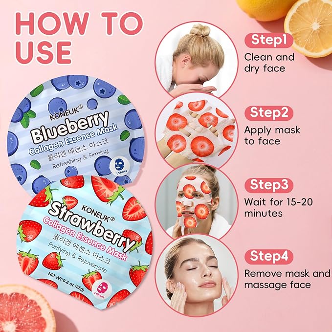 KONEUK 6 Pack Colorful Fruit Face Masks Skincare, Sheet Hydrating Face Mask, Collagen Facial Mask for Skin Care, Mothers Day Gifts for Mom, Bulk Teacher Gifts, Nurse Gifts and Spa Party Gifts