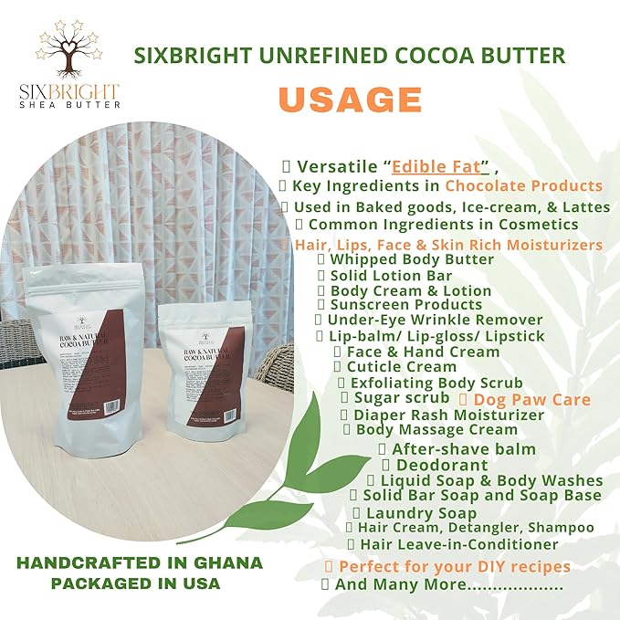 Sixbright Unrefined Cocoa Butter –8 oz | 100% Pure, Food Grade- Natural Moisturizer for Dry Skin, Fades Stretch Marks & Scars ,For Skin, Hair, DIYs. Chocolate Aroma