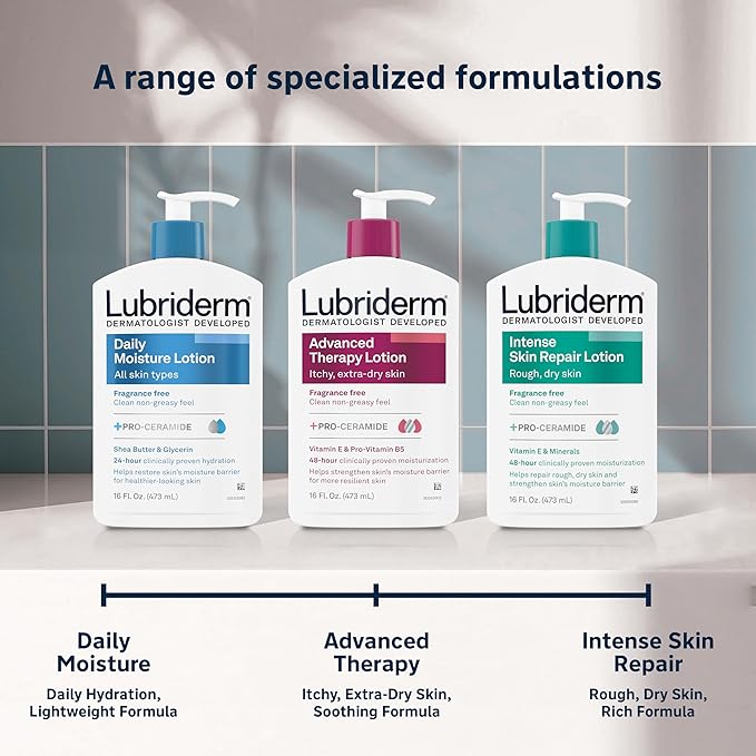 Lubriderm Fragrance Free Daily Moisture Lotion + Pro-Ceramide, Shea Butter & Glycerin, Face, Hand & Body Lotion for Sensitive Skin, Hydrating Lotion for Healthier-Looking Skin, 16 fl. oz (Pack of 2)