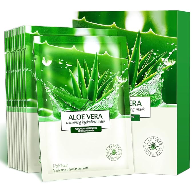 Aloe Facial Skincare Sheet Hydrating Moisturizing Revitalizing Facial Skincare Sheet for Dry, Oily, Sensitive and Tired Skin 25ml/0.8oz, Pack of 10