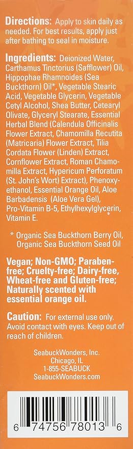 SeabuckWonders Organic Sea Buckthorn Body Lotion, Moisturizing Body Cream with Omega 3,6,7,9, Protects, Soothes Sensitive, Dry Skin, For All Skin Types, 6 Fl Oz