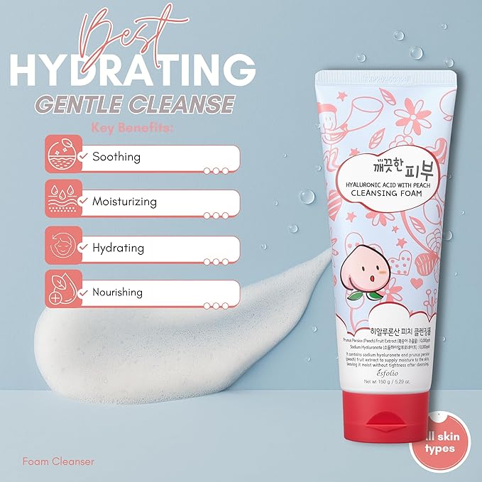 esfolio Hyaluronic Acid with Peach Cleansing Foam Face Wash – Moisturizing Facial Cleanser – Gently Removes Dirt, Oil & Impurities – Soft Creamy Foam with Hydrating Formula (5.29oz -150g)