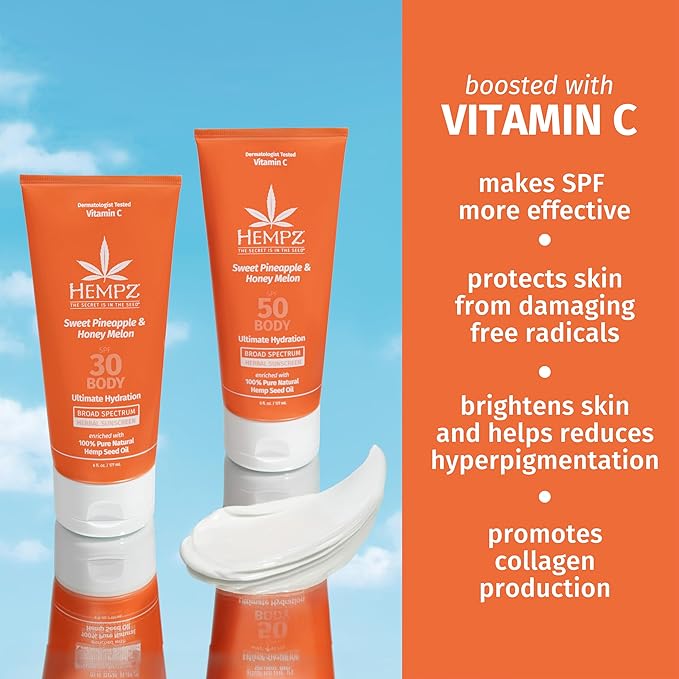 Hempz Daily Body Sunscreen SPF 30, Sweet Pineapple and Honeymelon, Reef Safe, Vegan, Dermatologist Tested, 6 oz (Pack of 2)