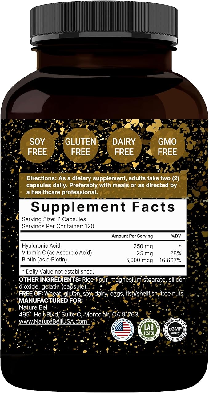 NatureBell 2 Pack Plant Based Hyaluronic Acid Supplements 250mg with 25mg Vitamin C & Biotin 5000mcg, 480 Total Capsules | Essential for Hair Growth, Joint Support, & Hydrating Skin | Non-GMO