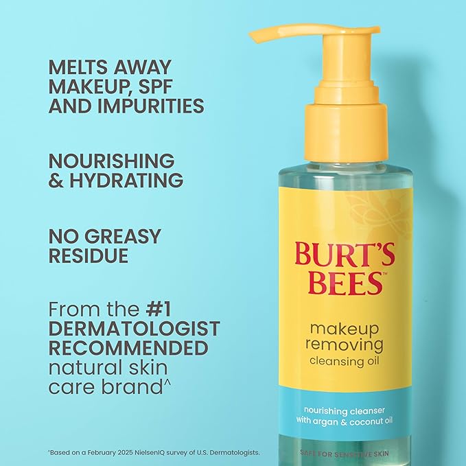 Burt's Bees Makeup Removing Cleansing Oil; Normal and Dry Skin; Safe for Sensitive Skin; Coconut and Argan Oils; Does Not Clog Pores; Hydrates, Nourishes; Non Greasy; Convenient Pump;(1) 5 Fl. Oz.