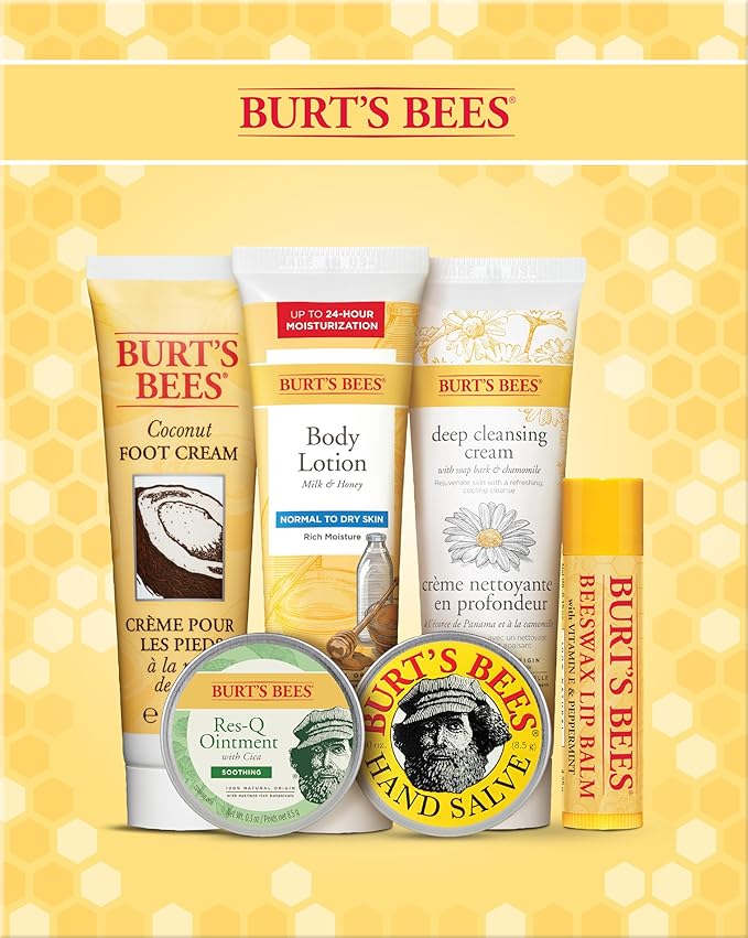 Burt's Bees Timeless Minis Kit, With Coconut Foot Cream, Milk and Honey Body Lotion, Deep Cleansing Cream, Res-Q Ointment, Hand Salve and Beeswax Lip Balm, Natural Origin Skin Care, 1 Kit