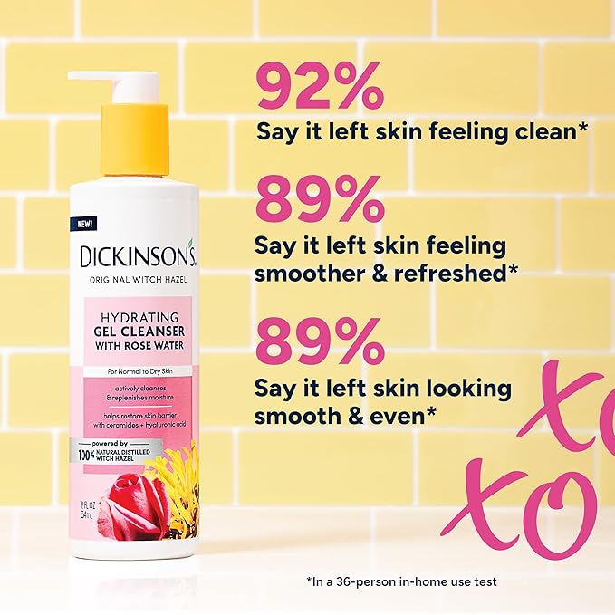 Dickinson's Original Witch Hazel Hydrating Gel Facial Cleanser with Rose Water, 12 Fl Oz, For Normal to Dry Skin, Hydrates and Nourishes Skin, Helps Calm Redness, Alcohol-Free Face Wash