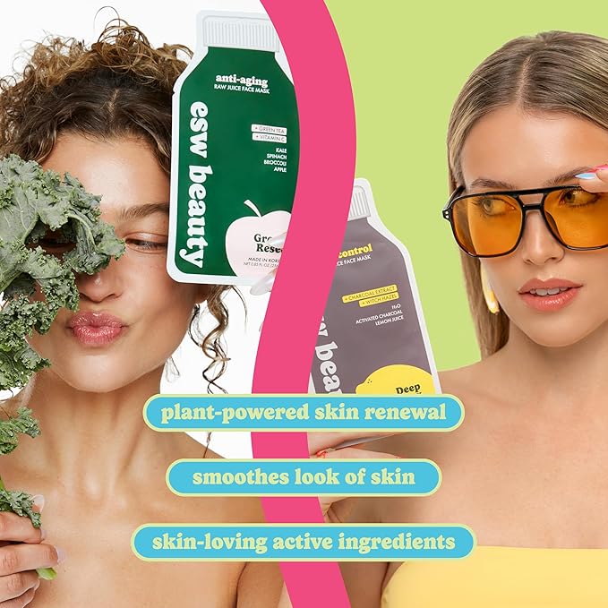 ESW Beauty Detox & Anti-Aging Face Masks - 2-Pack Raw Juice Sheet Mask Set - Rejuvenating Skincare Set - Includes Deep Detox & Green Reset