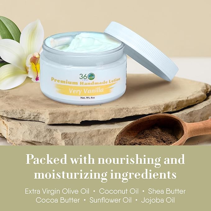 360Feel Very Vanilla Body Lotion - Hydrates with Coconut & Olive Oil, Plant-Based, Non-Greasy, Sensitive Skin, All Day Use