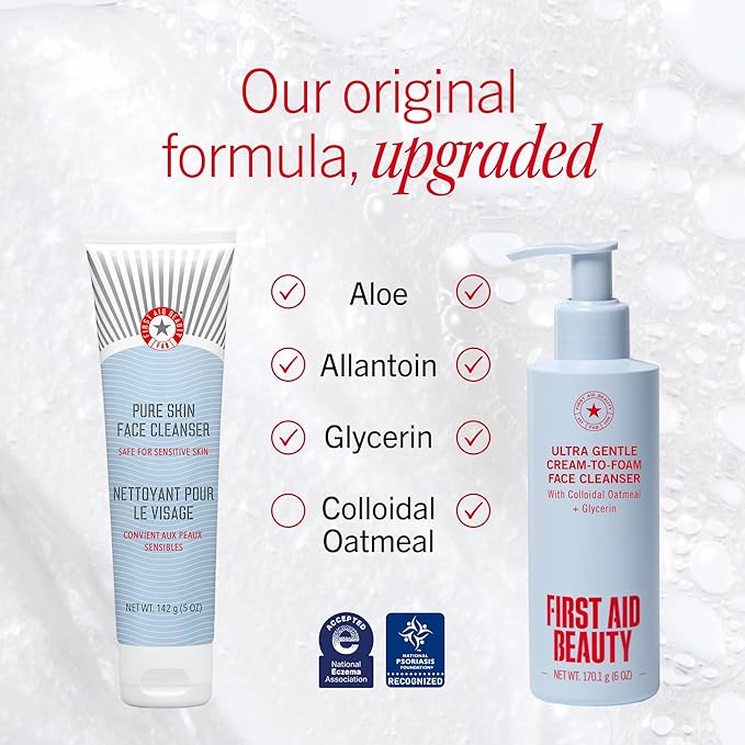 First Aid Beauty Ultra Gentle Cream-to-Foam Pure Facial Cleanser – Makeup Removing Face Cleanser - Face Wash with Colloidal Oatmeal & Glycerin, for Sensitive, Acne & Blemish-Prone Skin, 2 oz