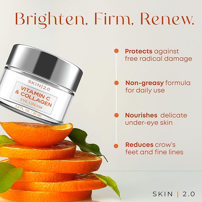 Skin 2.0 Vitamin C & Collagen Under Eye Cream for Dark Circles, Puffiness & Wrinkles – Hydrating, Firming & Restoring Radiance – Dermatologist Tested, Korean Skin Care, Vegan, Clean Beauty – 1 fl oz