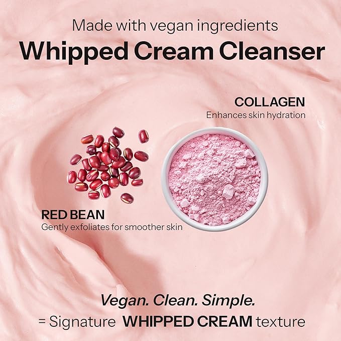 Whipped Facial Cleanser with Collagen & Red Bean – Gentle Exfoliating, Hydrating & Brightening for Smooth Skin – Dermatologist Tested, Anti-Aging, Korean Skin Care – Clean Beauty – 4.4 Oz