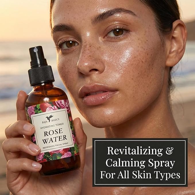 Rose Water Spray for Face by Baja Basics - Pure, Organic Rosewater Facial Toner for Hair and Aromatherapy Large 4 oz