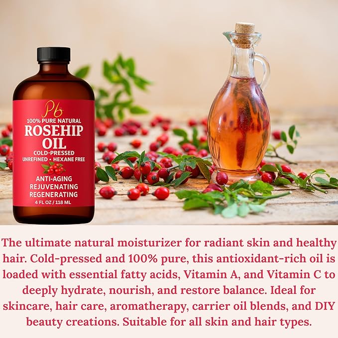 Pomberries Rosehip Seed Oil – Cold-Pressed & Unrefined, Rosehip Oil for Face, Skin & Hair – Rose Hip oil for Scars, Wrinkles, Stretch Marks, Daily Hydration & Gua Sha Massage, 4 fl oz