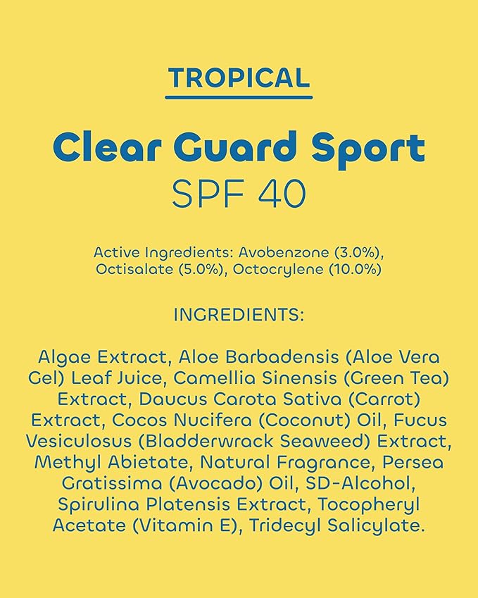 Seaweed Bath Co. Clear Guard SPF 40 Sport Broad Spectrum Sunscreen - Quick Dry, Air-Powered Spray - Natural Tropical Scent - With Sustainably Harvested Seaweed, Aloe, Avocado Oil - 6 oz