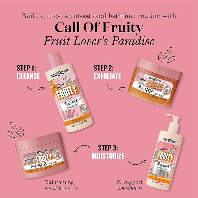 Soap & Glory Call of Fruity Body Butter - Moisturizing Body Cream with Vitamin E, Coconut Oil & Aloe Extracts - Tropical Fruits, Juicy Melon & Hibiscus Cocoa Butter for Dehydrated Skin (300ml)