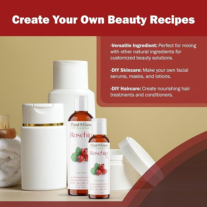 Plant Guru Rosehip Oil Unrefined 4 fl. oz. 100% Pure Cold Pressed – Nourishing for Skin, Hair, Scalp, and Nails – Hydrating, Moisturizing, and Rejuvenating.