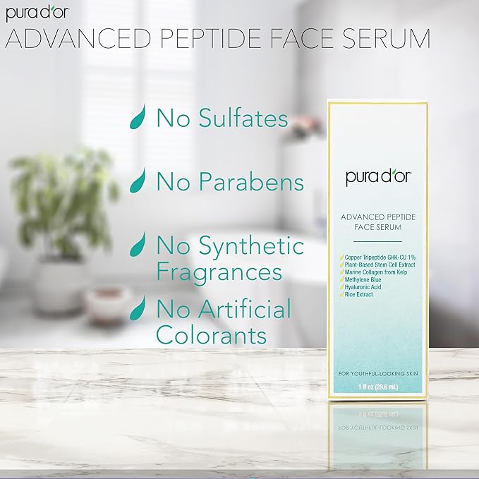 PURA D'OR Advanced Peptide Face Serum – Copper Tripeptide, Plant-Based Stem Cell Extract, Marine Collagen from Kelp, Hyaluronic Acid & Methylene Blue – Anti-Aging Serum for Youthful-Looking Skin, 1 Oz