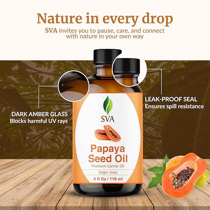 SVA Papaya Seed Oil - 4 Fl Oz – 100% Natural Cold Pressed Papaya Oil - for Face, Skin Care, Hair Care, Scalp Massage & Body Massage – Carrier Oil with Dropper