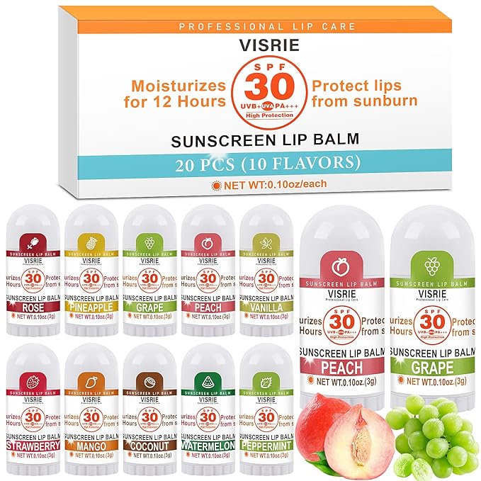 VISRIE SPF 30 Sunscreen Lip Balm, SPF Lip Balm Bulk 20 Count, Broad Spectrum UVA/UVB Lip Sunscreen with Vitamin E and Coconut Oil- 10 Flavors