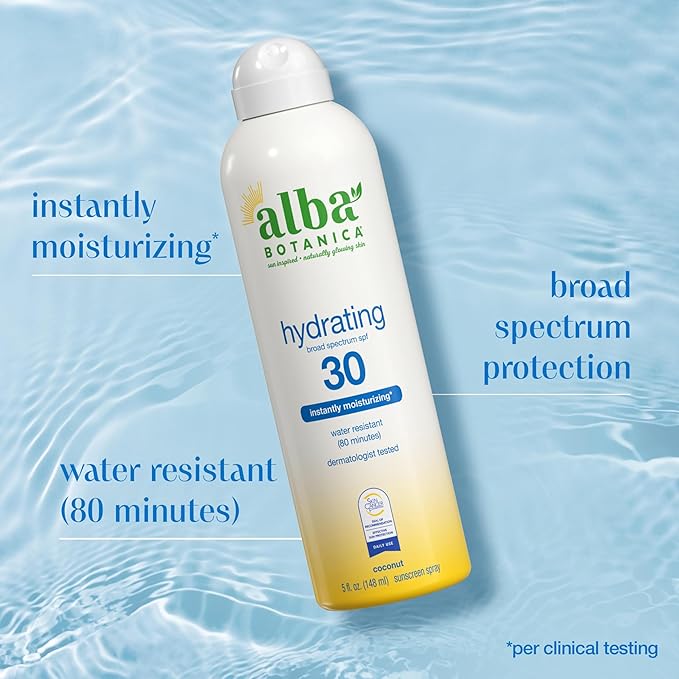 Alba Botanica Sunscreen Spray for Face and Body, Broad Spectrum SPF 30 Sunscreen, Hawaiian Coconut, Water Resistant and Biodegradable, 5 fl. oz. Bottle