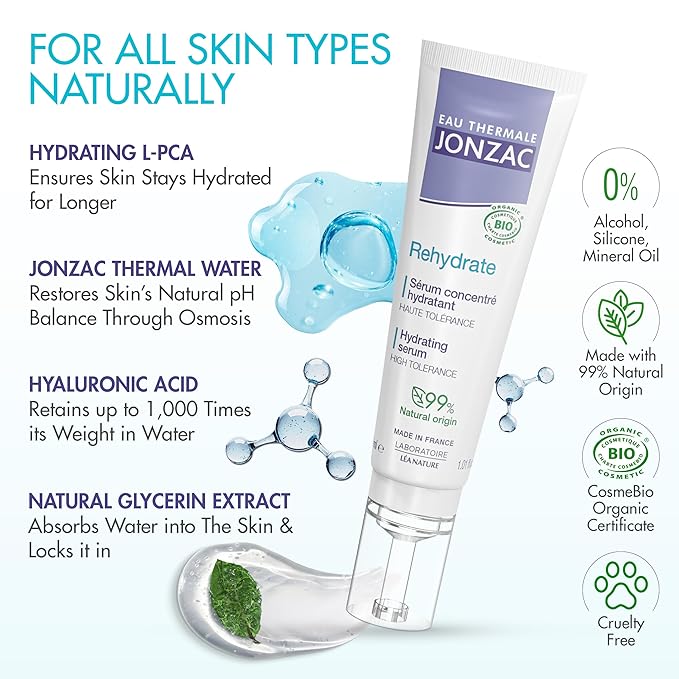 Eau Thermale Jonzac Rehydrate Organic Pure Hyaluronic Acid Hydrating Serum for Face - 24H Hydration - Plump and Repair Dehydrated Skin - Safe for Sensitive Skin - 1.01 Fl Oz