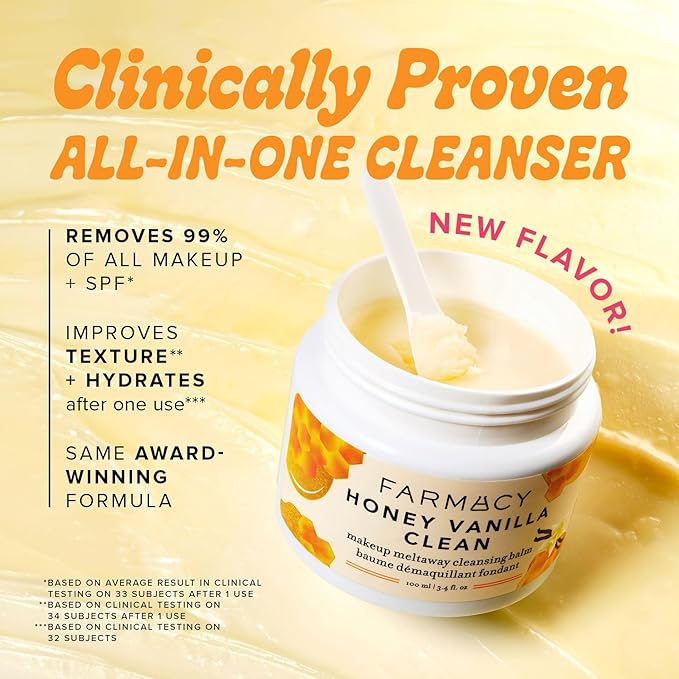 Farmacy Makeup Remover Cleansing Balm - Honey Vanilla Waterproof Makeup Remover Balm + Oil Cleanser for Face - Gently Melts Make Up + SPF - Hydrates + Softens Skin with Honey + Papaya (100ml)