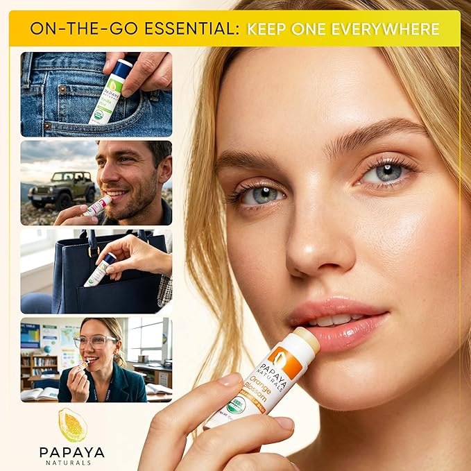 Papaya Naturals USDA Organic Lip Balm Set, 6 Pack – Organic Beeswax, Cocoa Butter & Vitamin E Lip Balm for Dry Lips – Moisturizing Natural Lip Care with Assorted Fruit Flavors