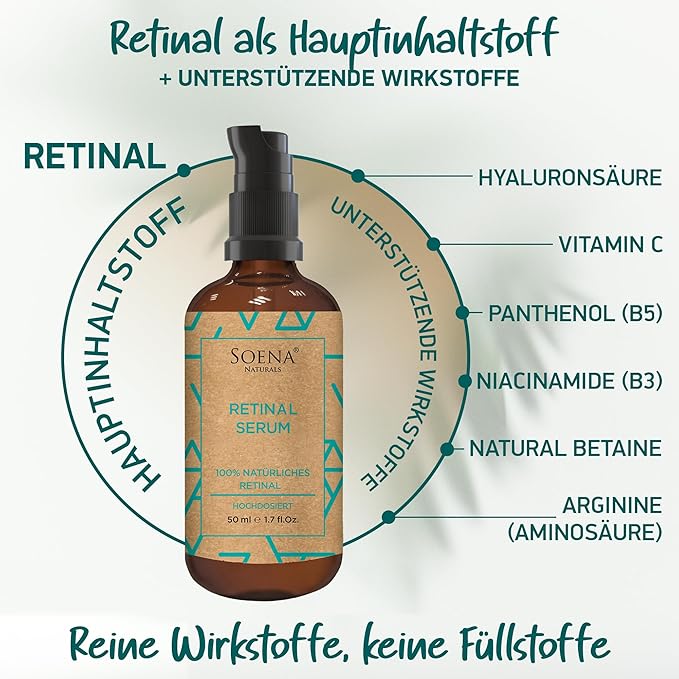 SOENA Retinol Serum for Face – The Best Retinol Form (Retinal) + 7 Active Ingredients = Hyaluronic Acid, Vitamin C, Niacinamide | Anti Aging Wrinkle & Fine Line Treatment – Made in Germany – 1.7 Fl Oz