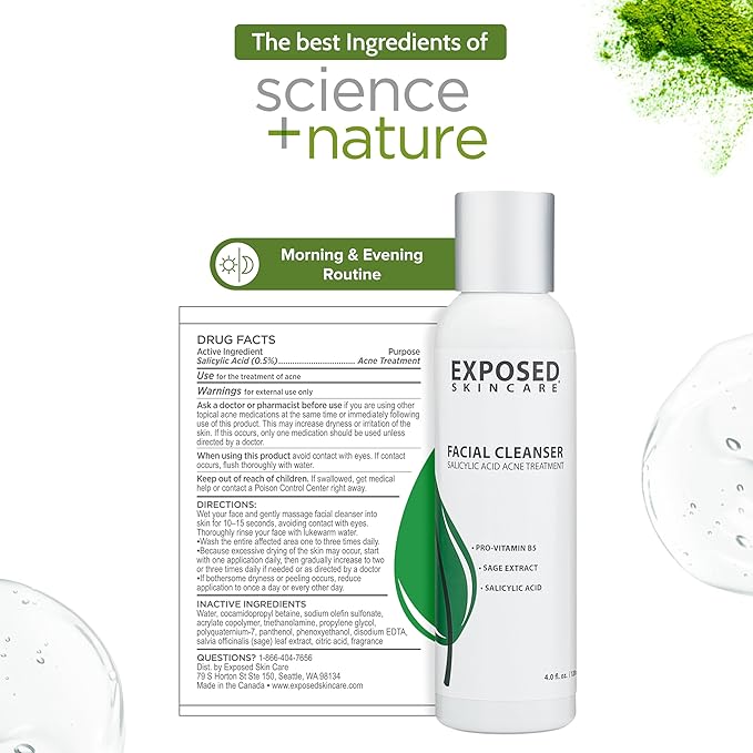 Exposed Skin Care, Acne Facial Cleanser with 0.5% Salicylic Acid for Sensitive and Acne-Prone Skin – Gentle Daily Face Wash for Breakout, Blackhead and Excess Oil – Natural, Non-toxic and Cruelty Free
