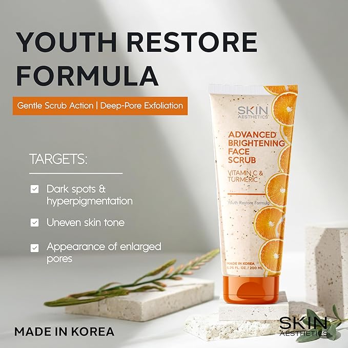Skin Aesthetics Vitamin C & Turmeric Face Scrub – Gentle Exfoliator For Dark Spots, Uneven Tone & Glowing Skin – Dermatologist Tested, Anti-Aging, Korean Skin Care – Clean Beauty, Vegan – 6.76 Fl Oz