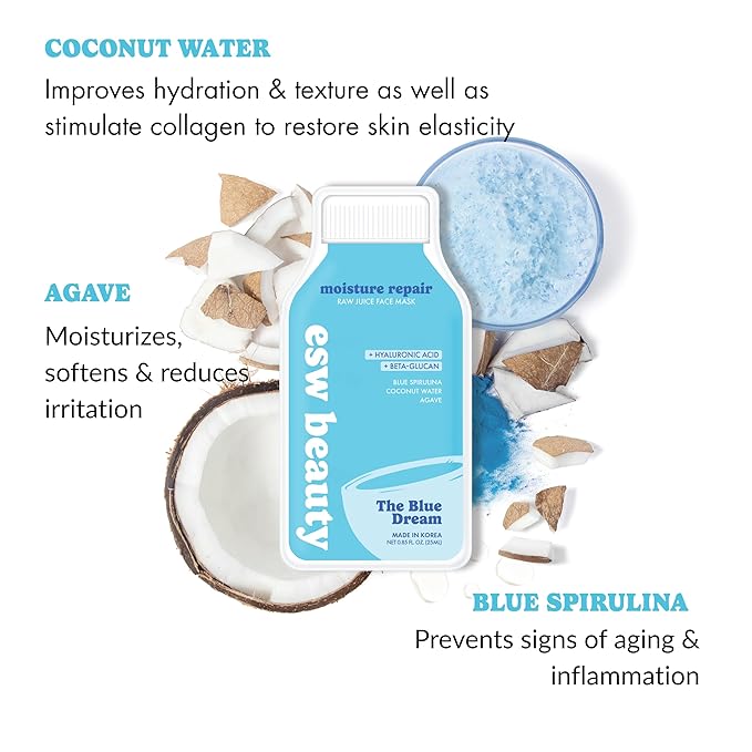 ESW Beauty The Blue Dream - Moisture Repair Raw Juice Face Mask - Hydrating with Blue Spirulina, Coconut Water & Agave for Dry, Sensitive Skin - Replenishes & Fights Aging