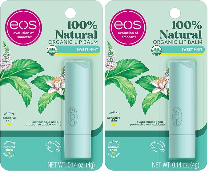 eos 100% Natural & Organic Lip Balm- Sweet Mint, Dermatologist Recommended, All-Day Moisture Lip Care, Made for Sensitive Skin, 0.14 oz (Pack of 2)