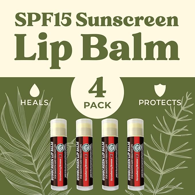 Earth's Daughter SPF Lip Balm 4-Pack Strawberry Flavor - Lip Sunscreen, SPF 15, Organic Ingredients, Beeswax, Coconut Oil, Vitamin E - Hypoallergenic, Paraben Free, Gluten Free