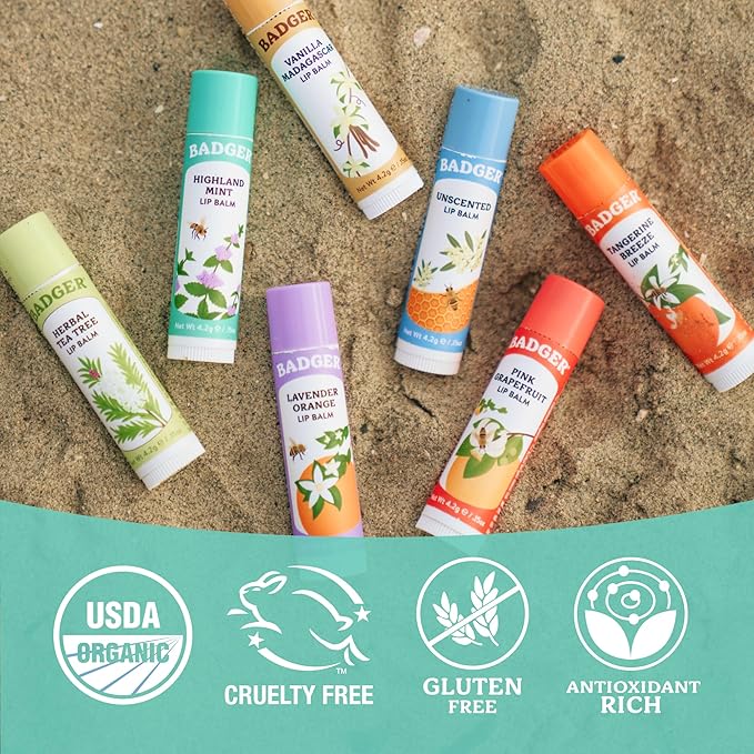 Badger Highland Mint Classic Lip Balm, 100% Organic Balm Long Lasting Lip Moisturizer w/Light Silky Texture, Refreshing, Invigorating & Soothing Mint Lip Balm, 4 Pack