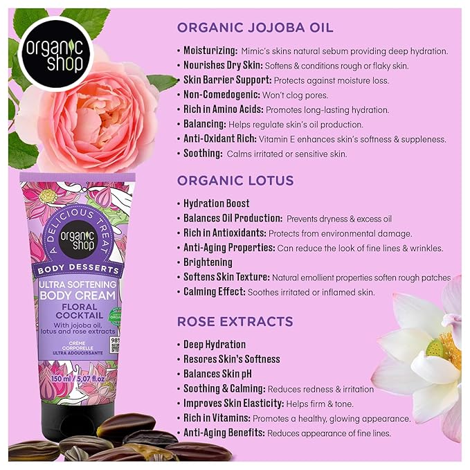 Organic Shop Jojoba Oil, Lotus & Rose Extract, Ultra Softening & Hydrating Body Cream, 100% Vegan & Organic, Daily Moisturizer, Body, Face & Hand Natural Lotion, Intensive Care Hydration. 150ml