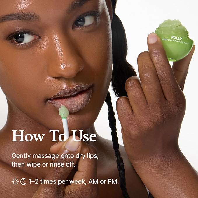 FULLY Green Tomato Smoothie Sugar Lip Scrub, Gentle Lip Exfoliator with Organic Sugar & Tomato Seed Oil for Smooth, Hydrated Lips, Vegan Daily Lip Polish for Dry, Flaky Lips, Korean Skincare, 0.42 oz