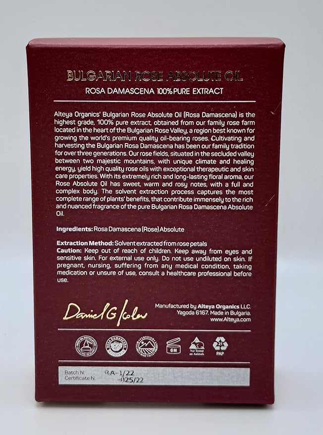 Alteya Organics Bulgarian Rose Absolute, Rose Oil from Rosa Damascena Bulgaria, Authentic - 5ml