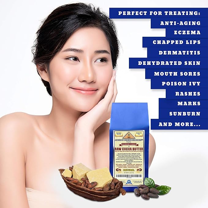 ANCIENT HEALTH REMEDIES Organic Unrefined Raw NATURAL COCOA (CACAO) BUTTER BLOCK Bulk Size Rich Chocolate Aroma For Lip Balms DIY Base for Body Butter (16oz)