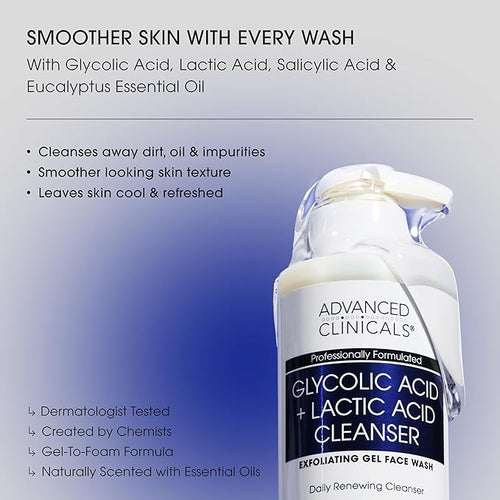 Advanced Clinicals Exfoliating Glycolic Acid & Salicylic Acid Face Wash + Hydrating Vitamin C Facial Cleanser 2pc AM/PM Skin Care Set For Women & Men To Gently Exfoliate & Cleanse Dirt & Oil, 2PC