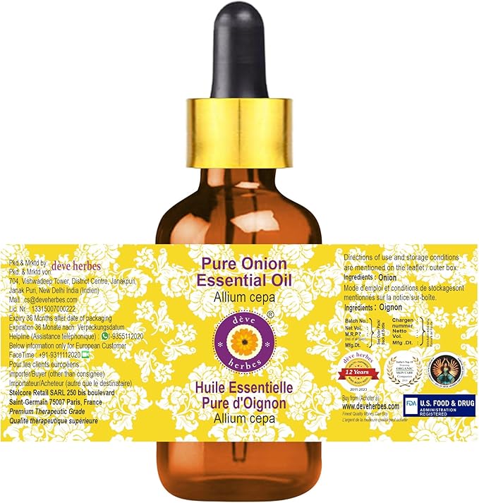 Deve Herbes Pure Onion Essential Oil (Allium cepa) with Glass Dropper Steam Distilled (Pack of Two) 100ml X 2 (6.76 oz)