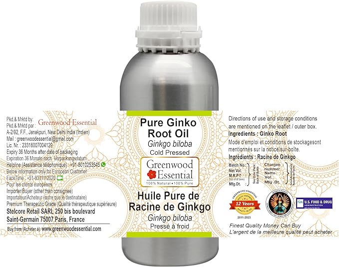 Greenwood Essential Pure Ginko Root Oil (Ginkgo biloba) Natural Therapeutic Grade Cold Pressed 300ml (10 oz)